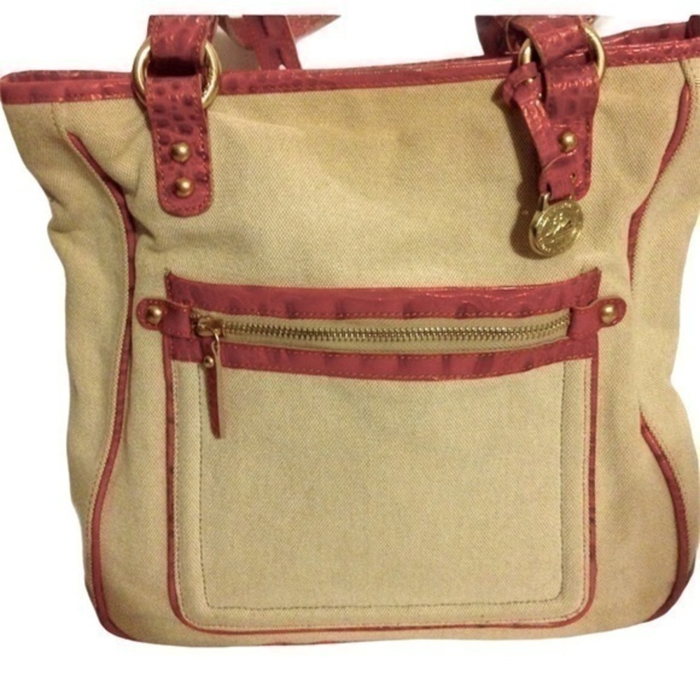Brahmin canvas and red leather Melbourne tote bag